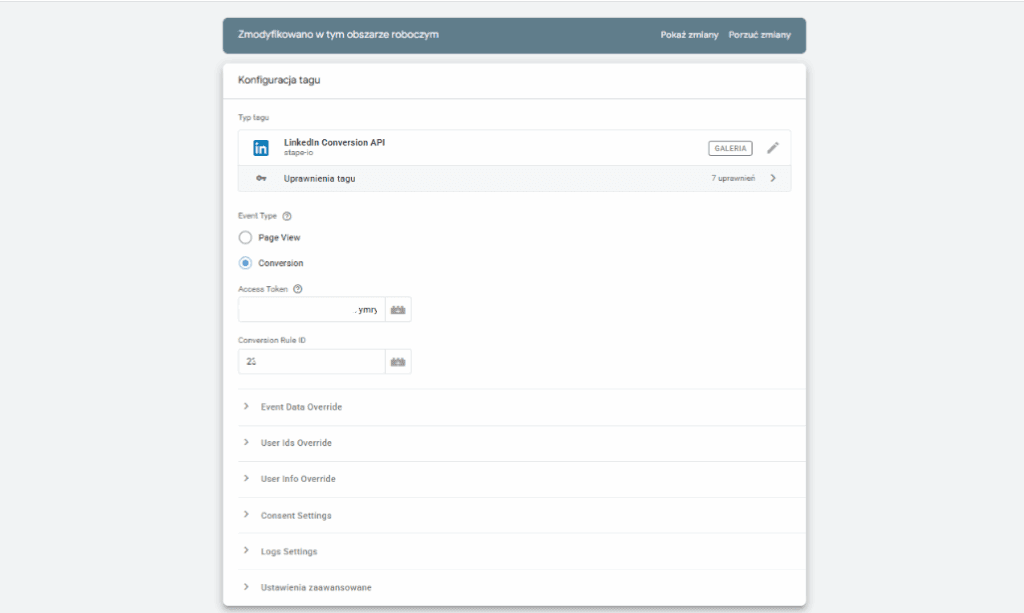 stape.io konfiguracja linkedin ads